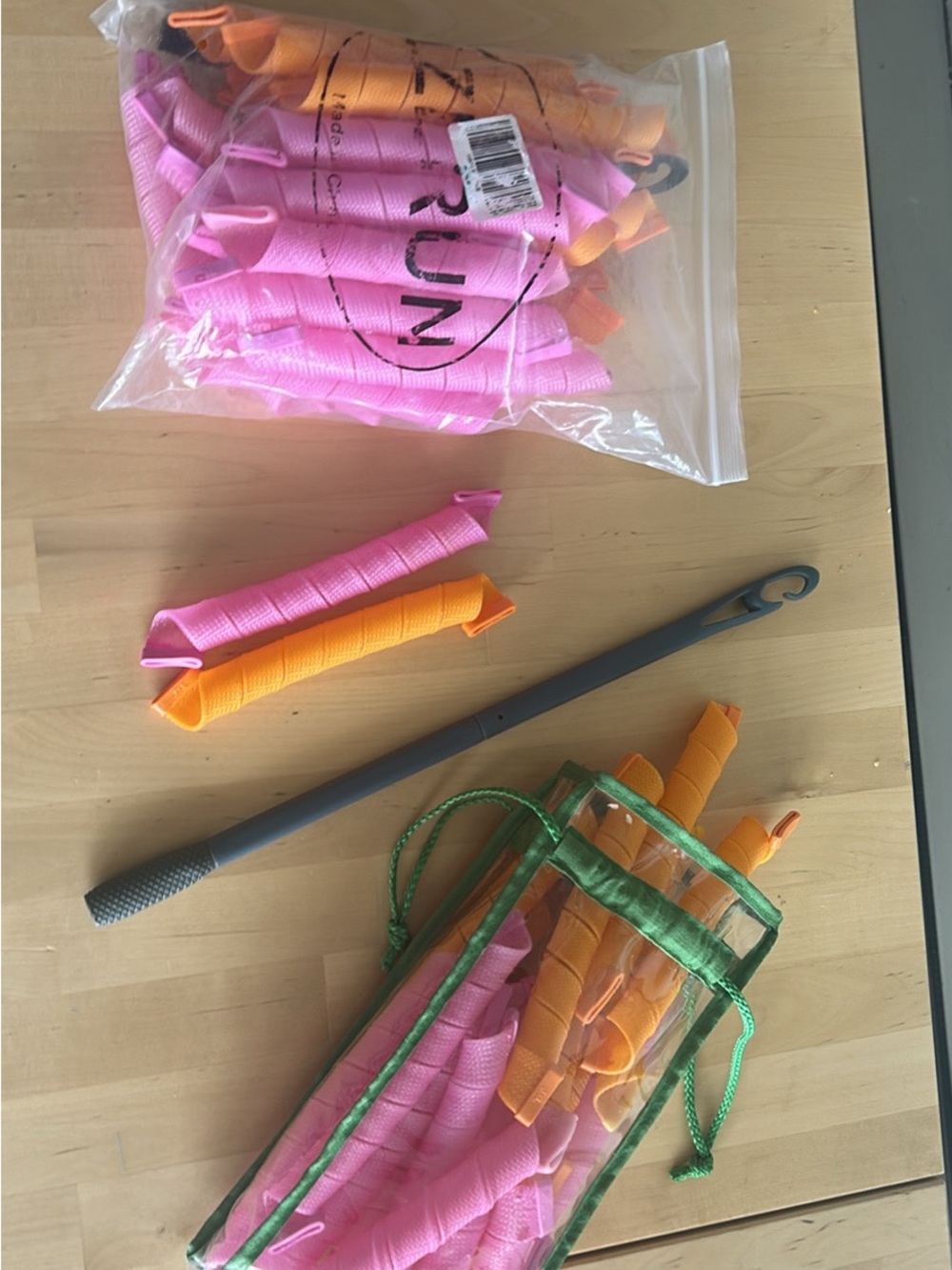 No-Heat Pink & Orange Spiral Hair Curlers with Grey Insertion Hook